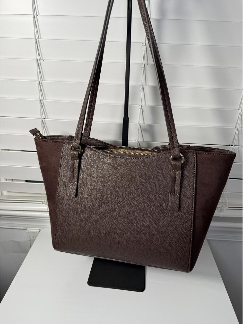 Nanette Lepore Chocolate Brown Pebbled Faux Leather & Suede Tote Bag Charm Chain - Picture 2 of 7